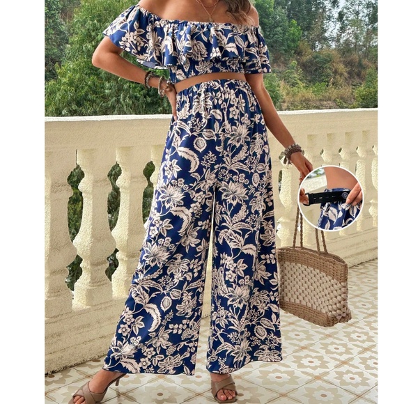 Maternity Floral Print Ruffle Off Shoulder Top Wide leg Pants Set - Picture 1 of 4